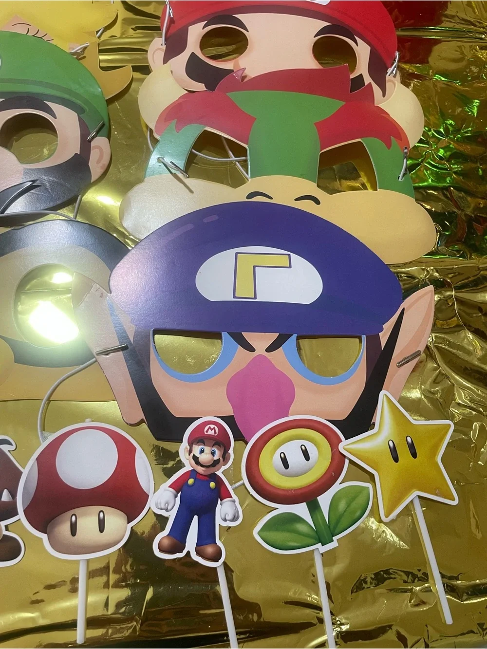 Super Mario Themed Party Mask & Cupcake Topper Set - Red, Green, Purple